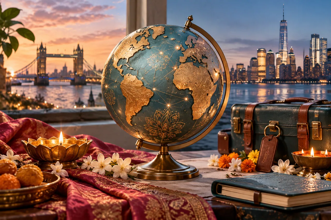 Original editorial illustration for Diwali in London or New York: a local celebration, not a copied clock; symbolic artwork, not a measured personal chart.