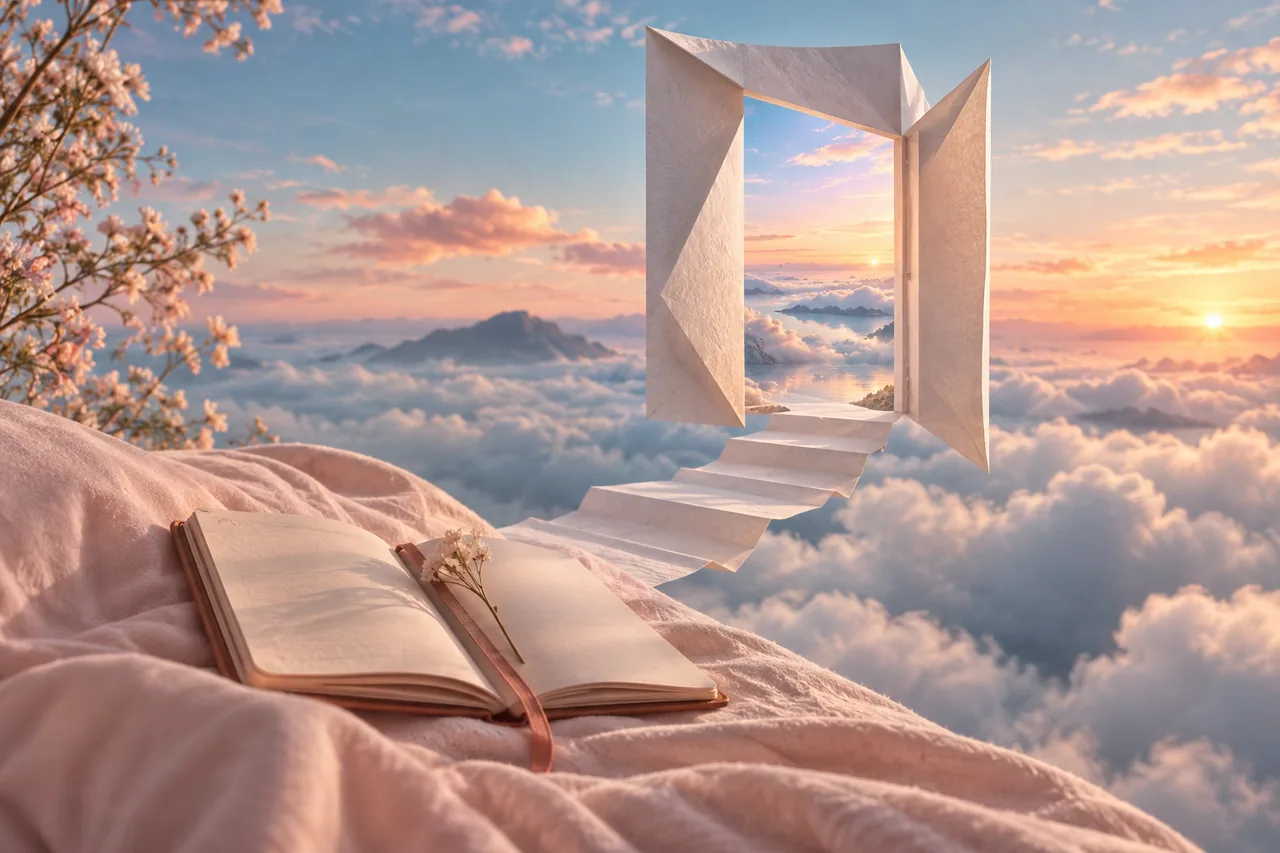 A surreal but gentle editorial illustration of a folded paper doorway hovering over a quiet bed of clouds with a small open journal.