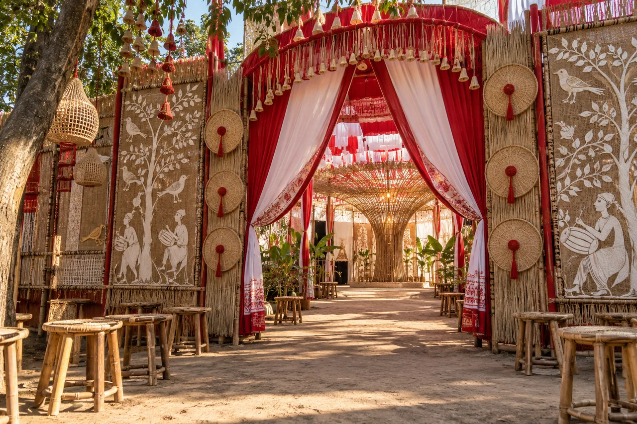 An artisan-made autumn festival pavilion entrance with red-and-white fabric.