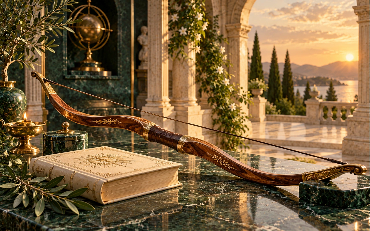 A ceremonial undrawn bow and closed book on emerald stone in an evening courtyard; original conceptual artwork, not a photograph of a historical ritual.