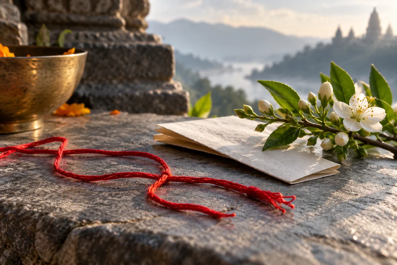 A close editorial still life of an untied red thread beside a folded paper and a single flowering branch on cool stone.