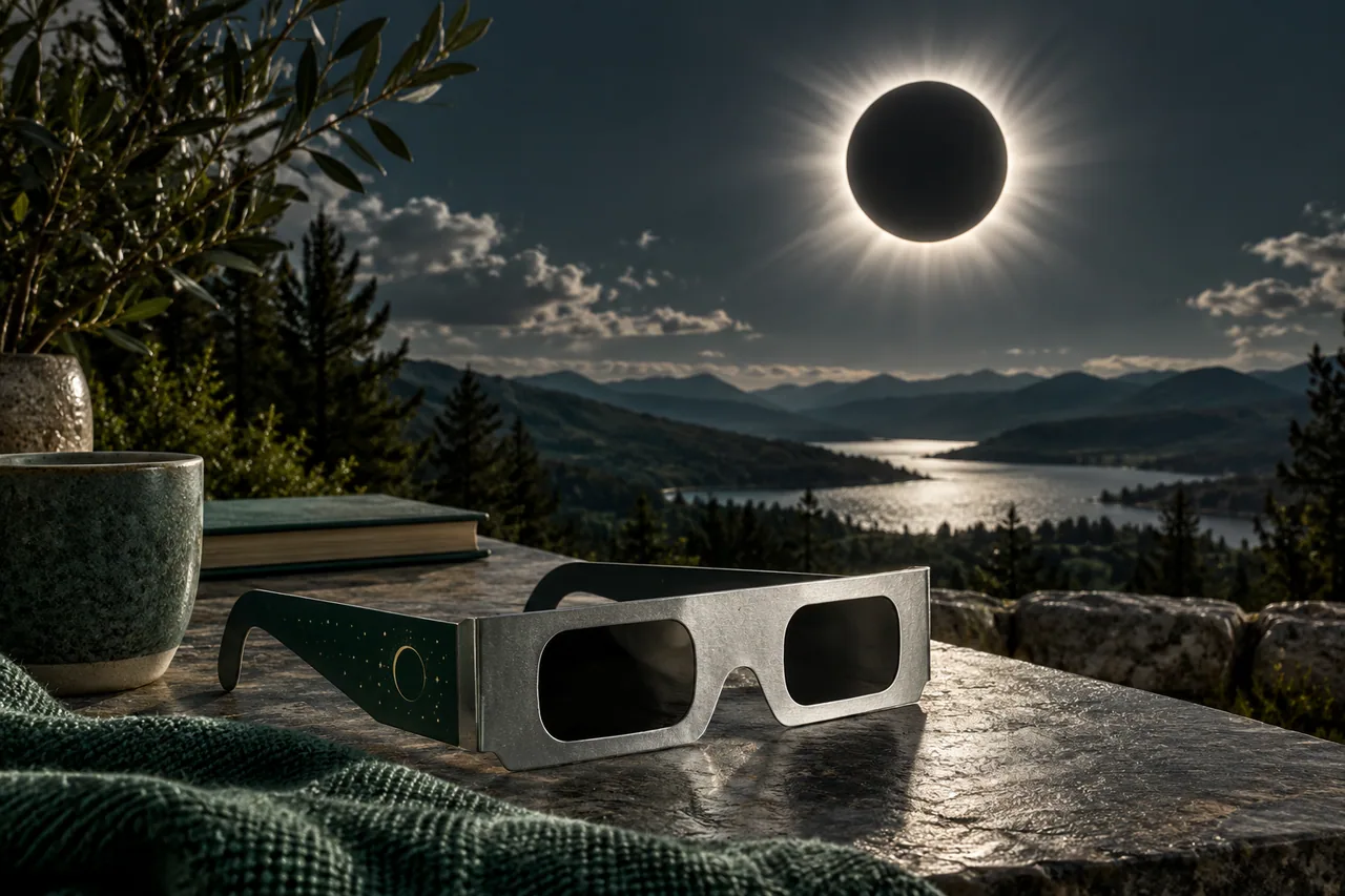 A scientifically recognisable illustrated total solar eclipse with dark lunar disk and pale solar corona.