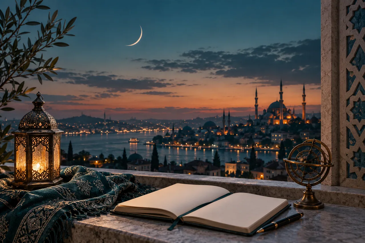 A narrow illustrated crescent above a calm dusk city skyline with a blank observation notebook on the foreground ledge.