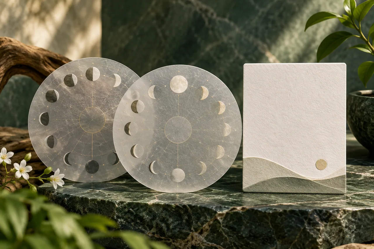 Two translucent circular lunar-calendar tiles next to a clean blank day card on green stone.