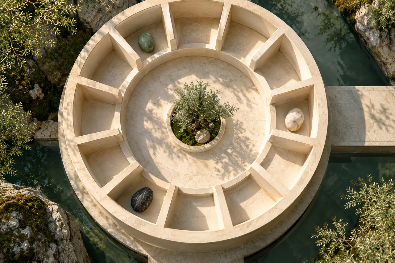 A circular twelve-compartment sculpture with both occupied and empty spaces.