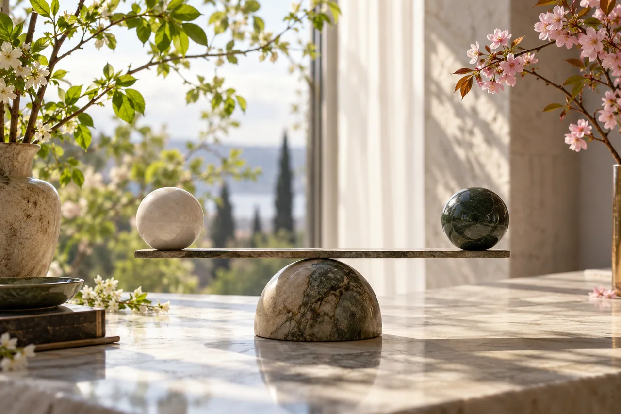 A balanced sculptural beam holding two simple spheres beside a sunlit window with green and pink spring branches.