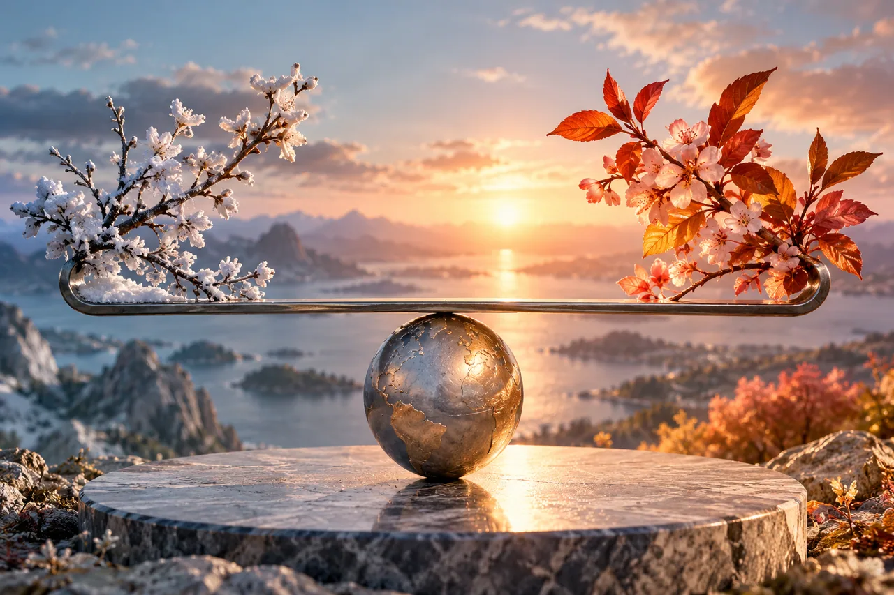 Original editorial illustration for An equinox is one instant with many local clock labels; symbolic artwork, not a measured personal chart.