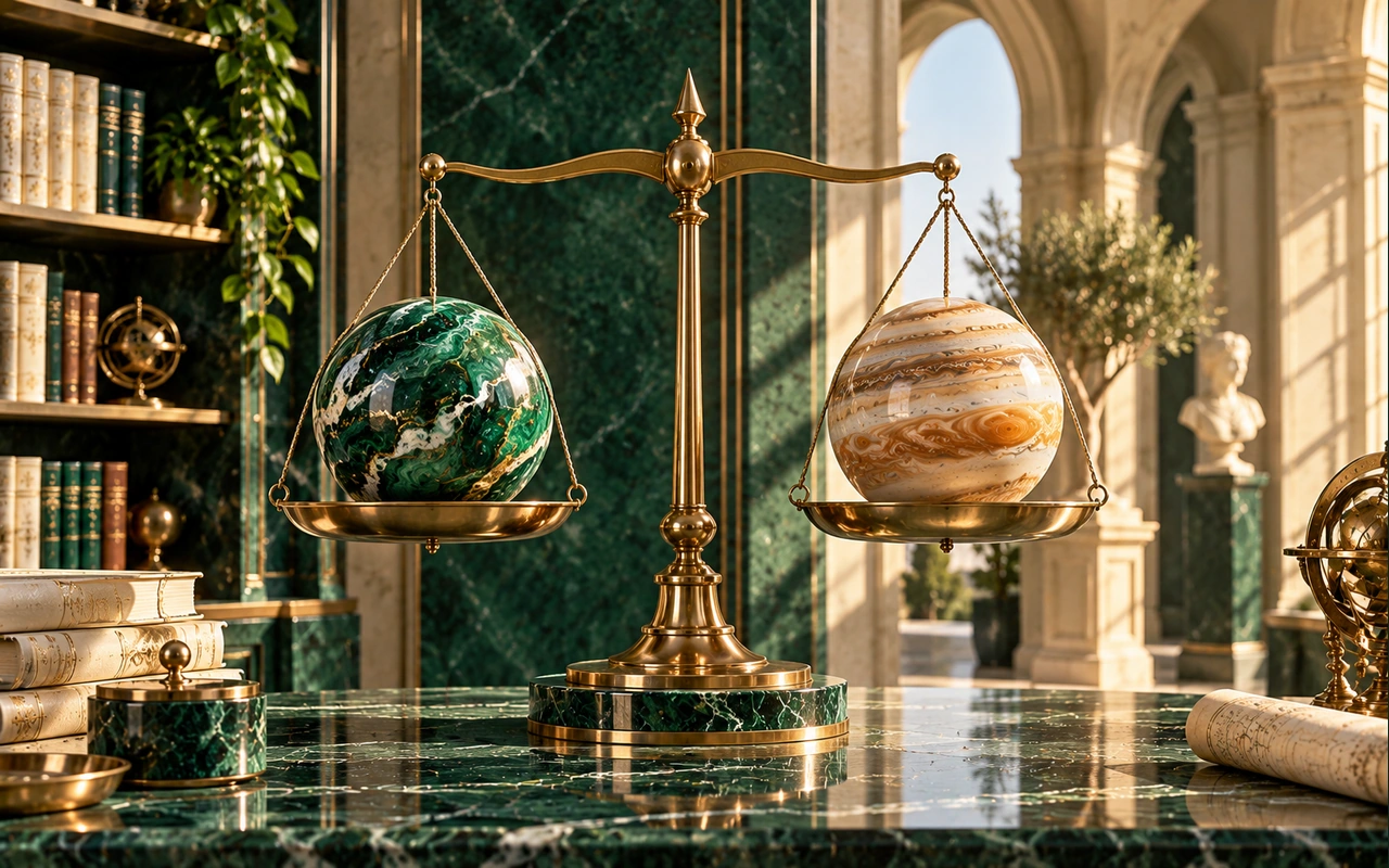 Two differently textured decorative spheres balanced at equal height on a brass scale; conceptual dignity comparison, not a planetary strength calculation.