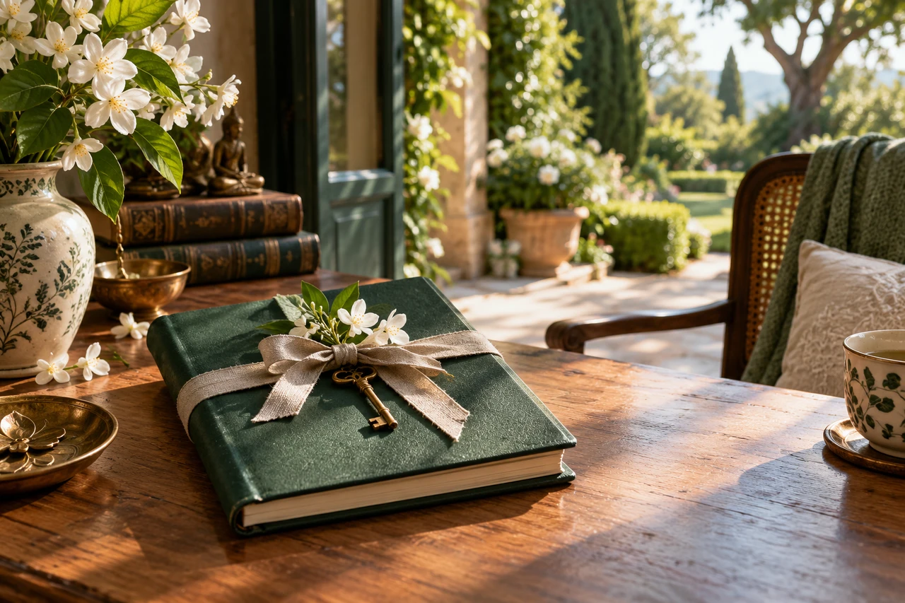 A closed green journal and a brass key in a peaceful reading alcove, illustrating privacy and support.