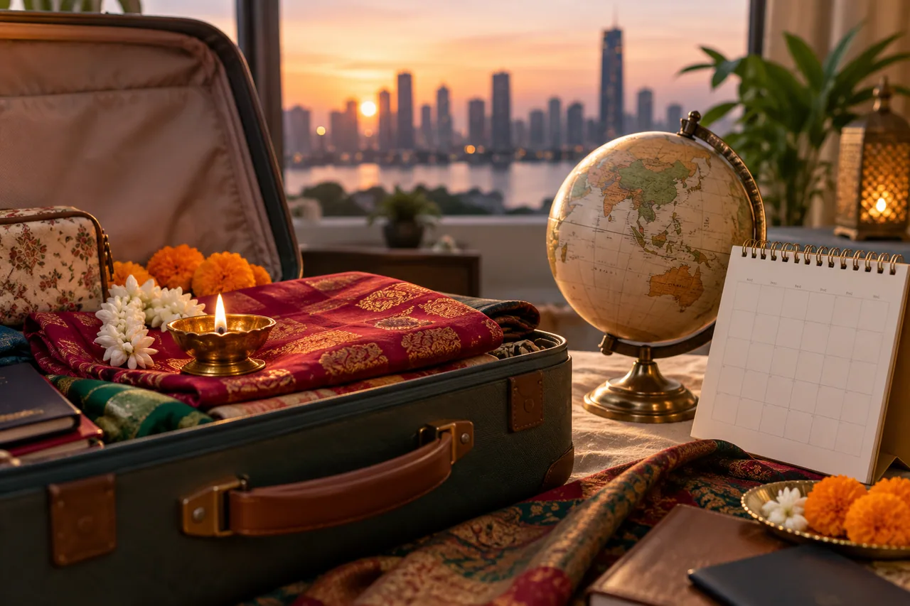An open suitcase holding a small brass diya and folded festive cloth beside a globe and a blank calendar.