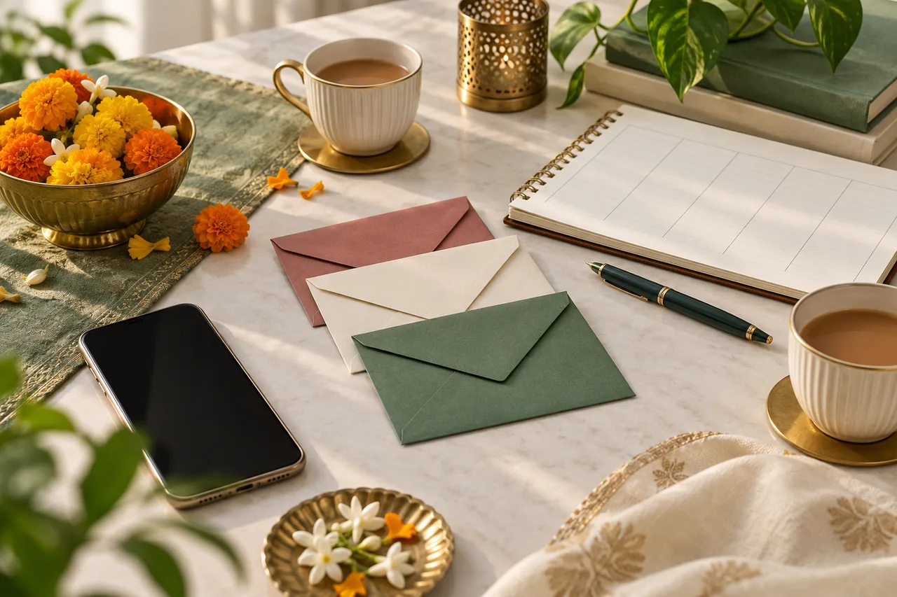 A phone with a blank screen beside envelopes, tea and an unmarked weekly planner for arranging invitations.