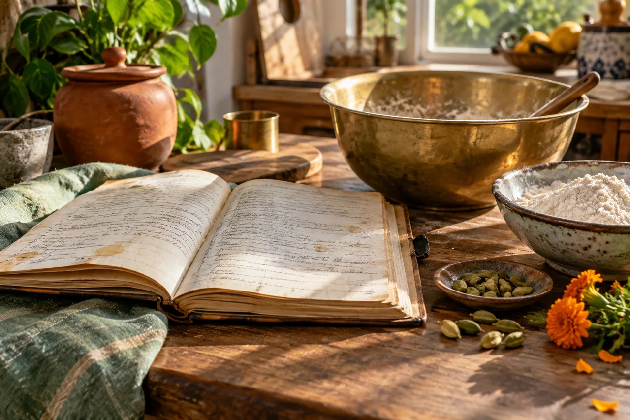 An open handwritten recipe notebook, a brass bowl and ingredients on a sunlit kitchen table, with no legible personal information.