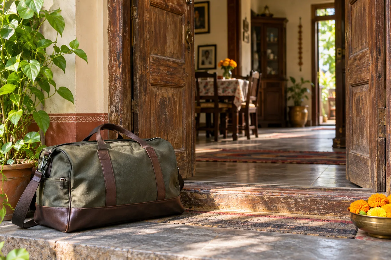A travel bag resting beside the doorway of a lived-in family home with a modest festive flower arrangement and soft afternoon light.