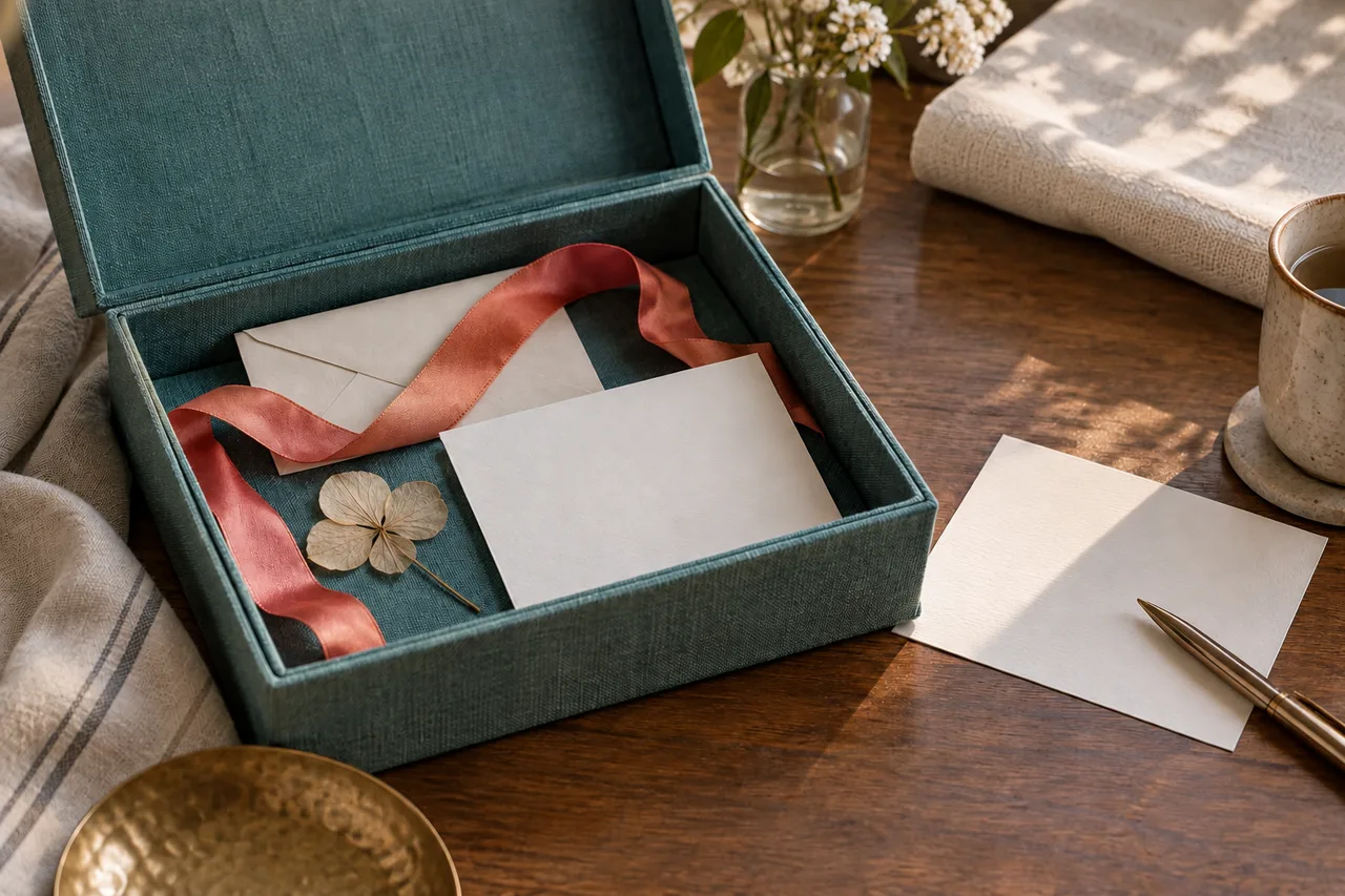 An open small keepsake box containing a fabric ribbon, a blank handwritten-style card, a dried flower and an unlabelled invitation envelope.