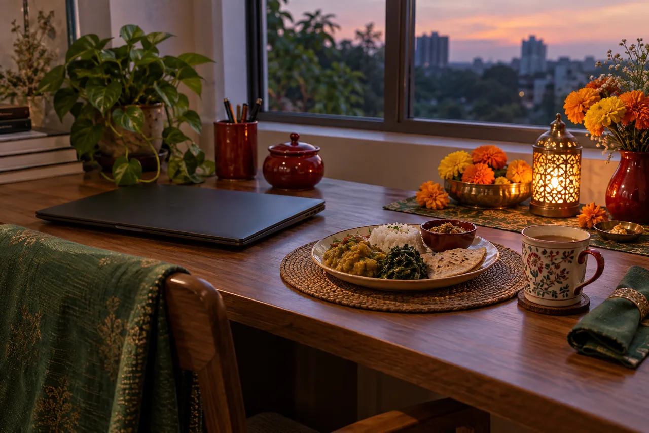 A closed work laptop beside a modest evening place setting, flowers and a small electric festive lamp in an ordinary home.