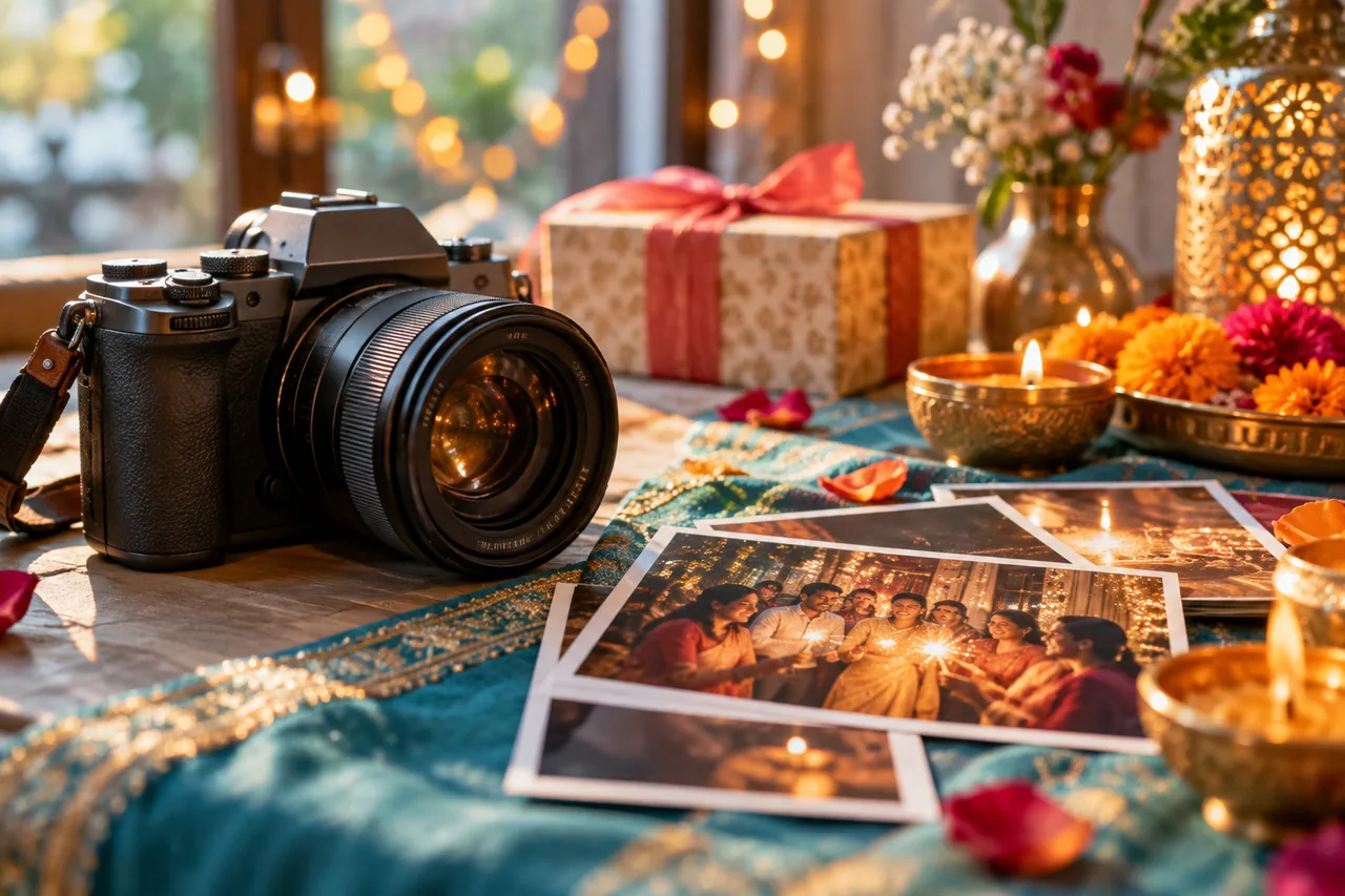 Original editorial illustration for Festival photos: share the joy, not somebody's private details; symbolic artwork, not a measured personal chart.