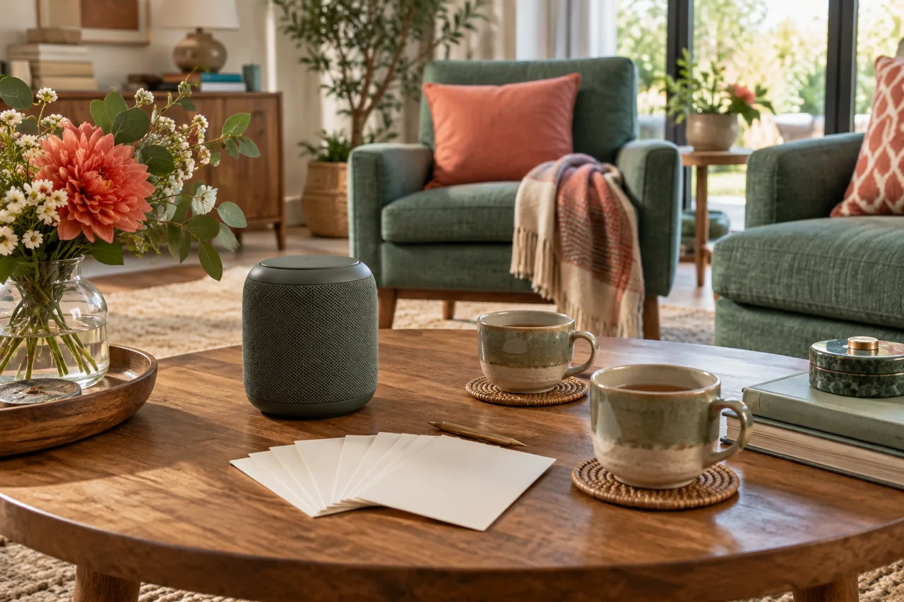 A small speaker beside blank handwritten-style song cards, tea cups and flowers in a bright lived-in sitting room.