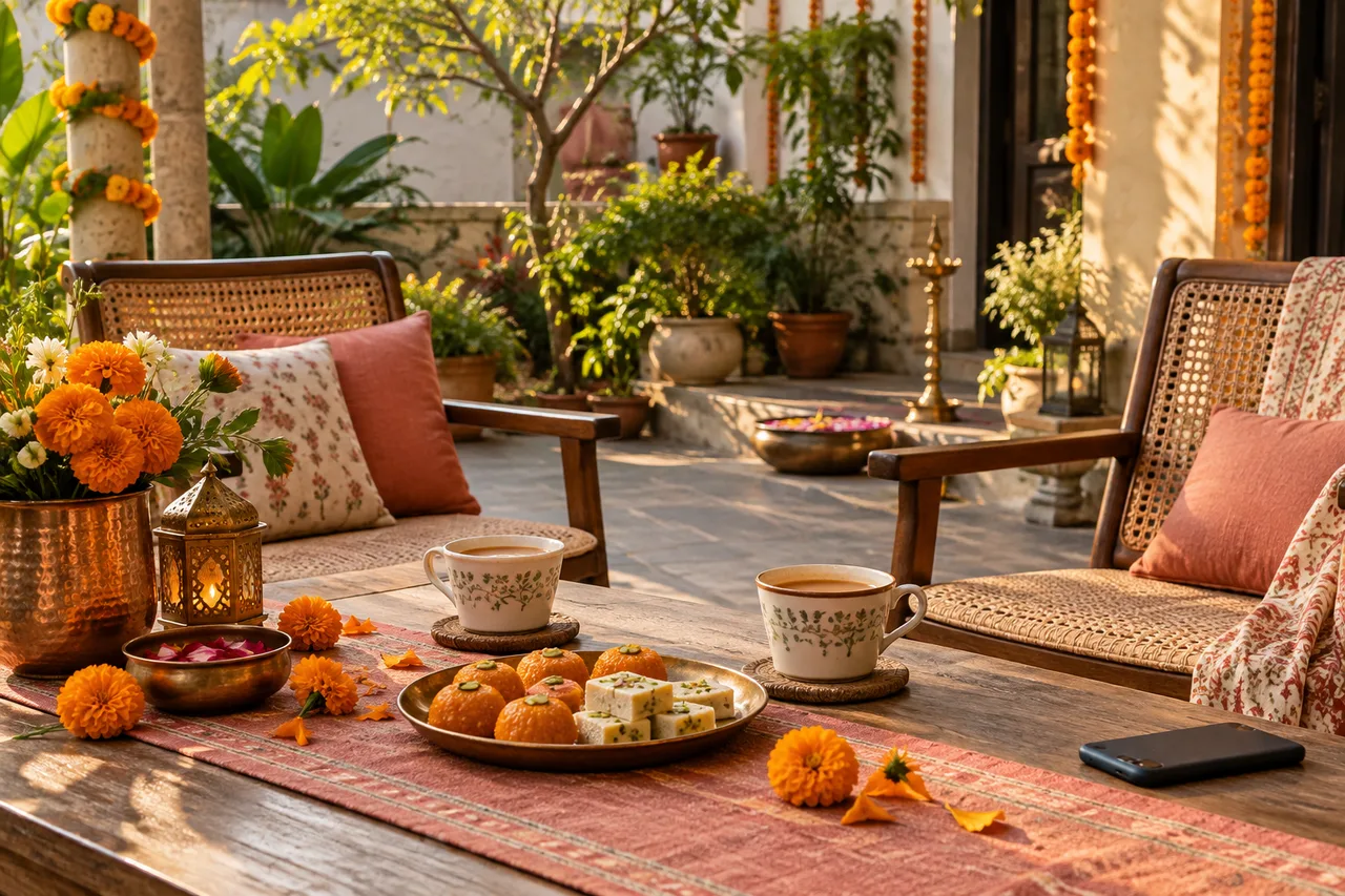 Two chairs, tea and festive sweets in a sunny courtyard, with a phone placed face down at the table edge.