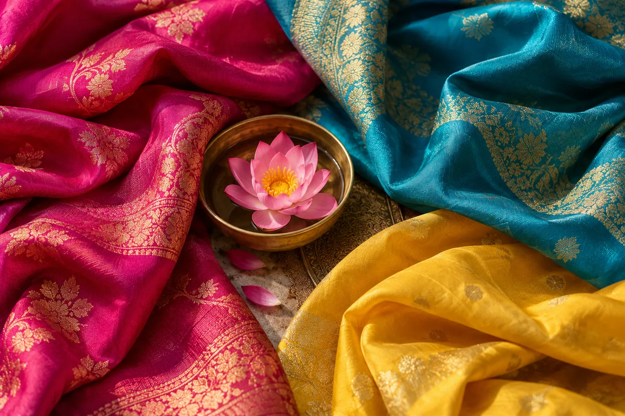 Richly textured folds of vivid magenta jade blue and yellow festive fabrics.