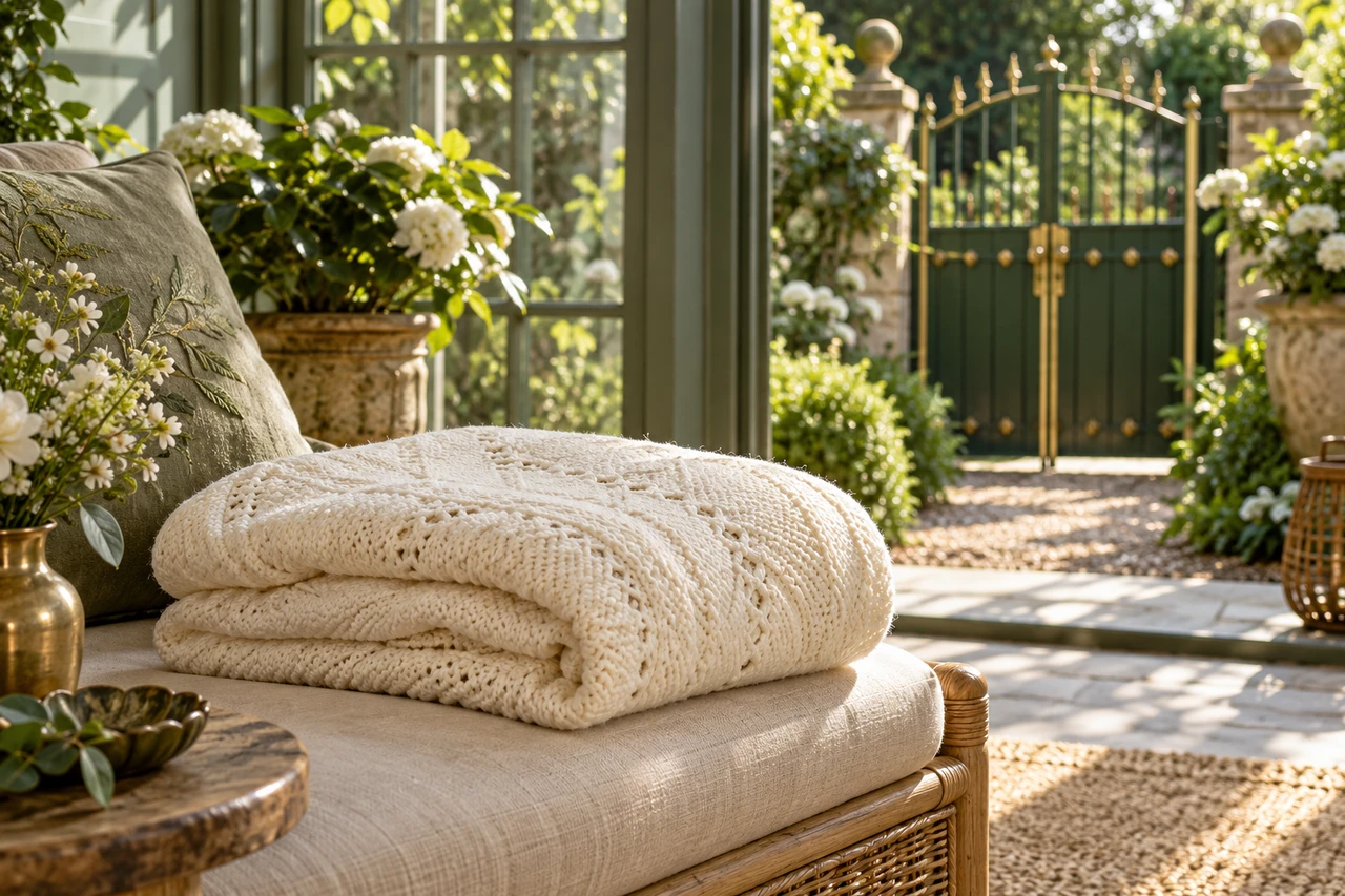 An ivory baby blanket in a quiet garden room, with a closed gate suggesting a protective boundary.