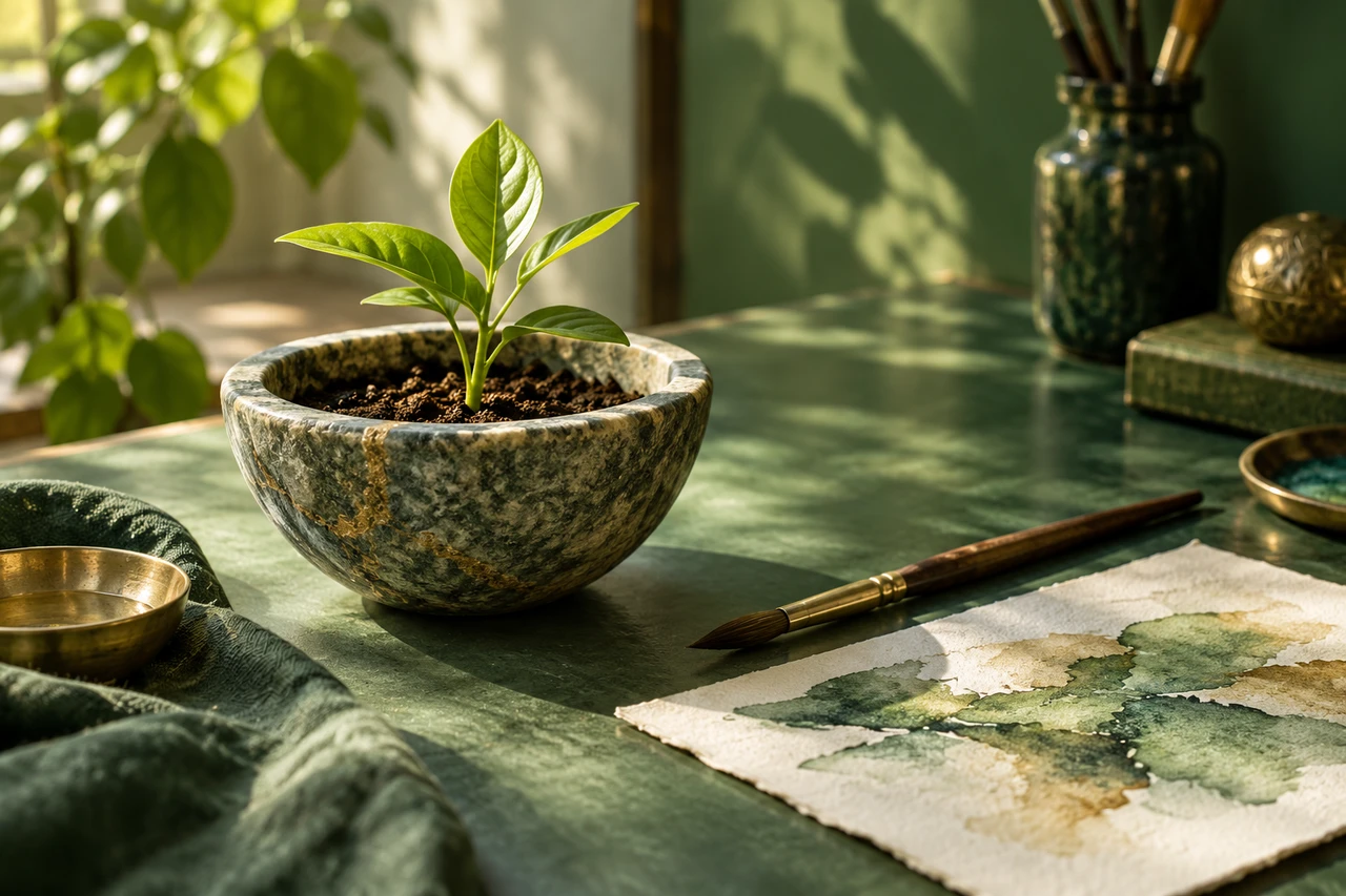 A young plant, an artist's brush and a small watercolour suggesting creativity and care.