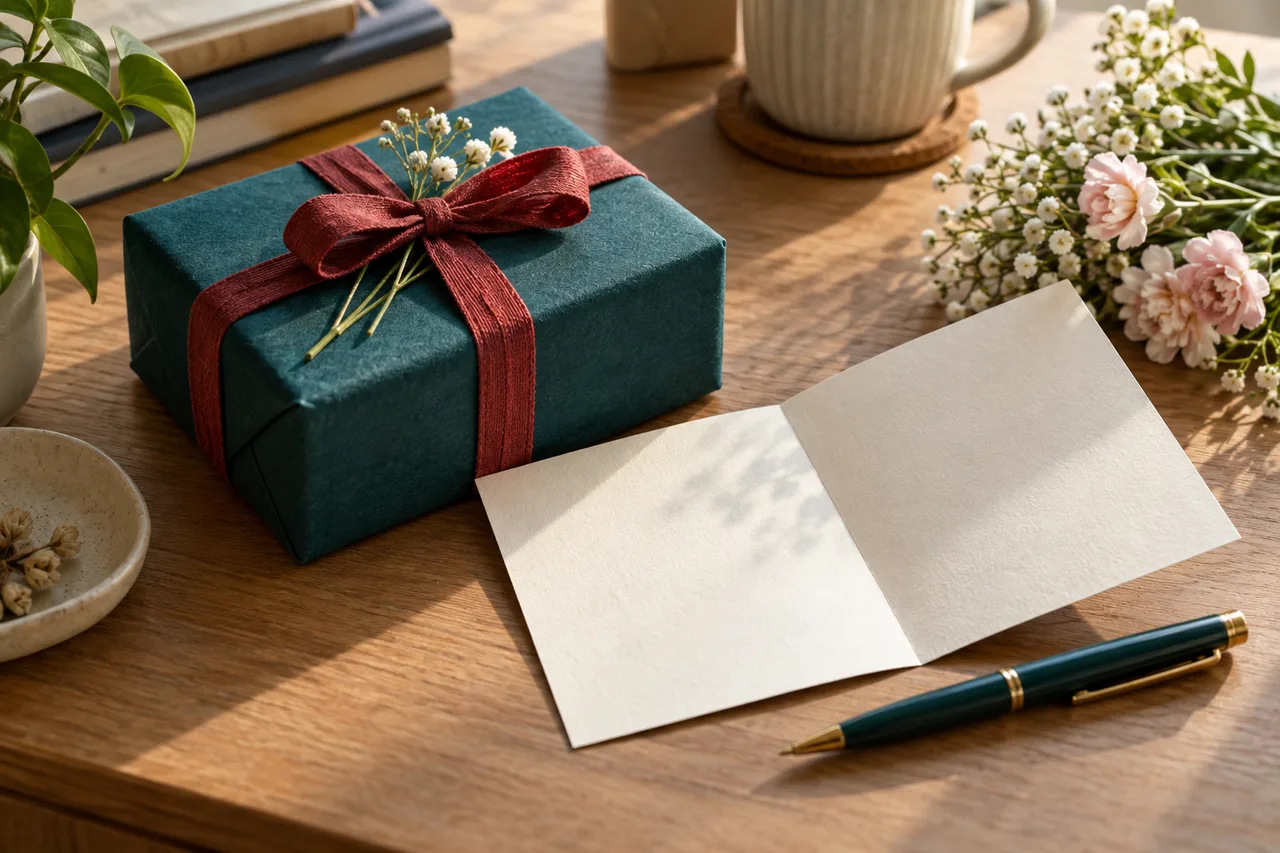 A small carefully wrapped gift beside a blank thank-you card and flowers on a simple desk, without currency or luxury branding.