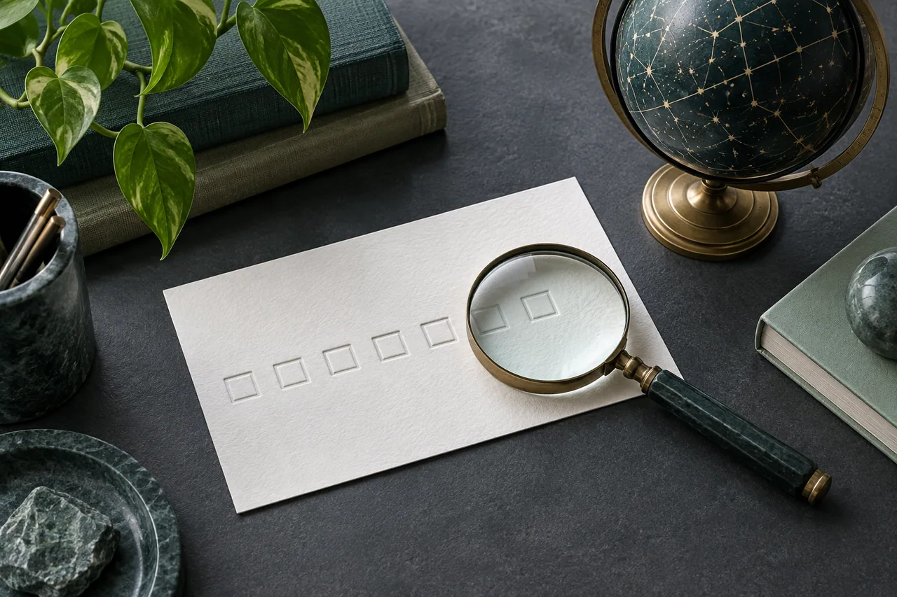 A magnifying glass over seven empty checklist boxes beside an astronomical globe.