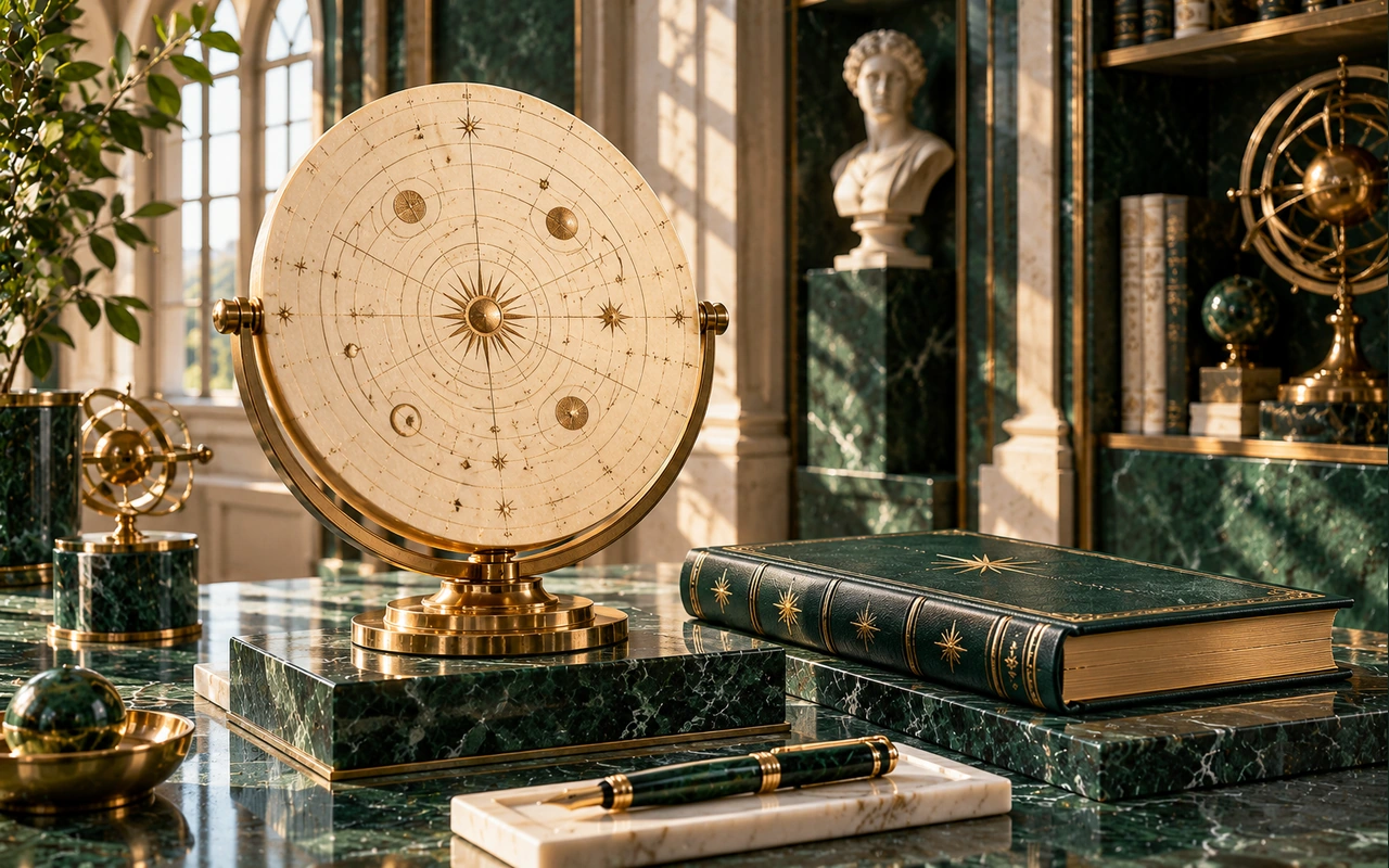 An ivory decorative chart disc and bound emerald folio on separate marble stands; conceptual free-chart and report comparison, not an actual paid report or customer record.