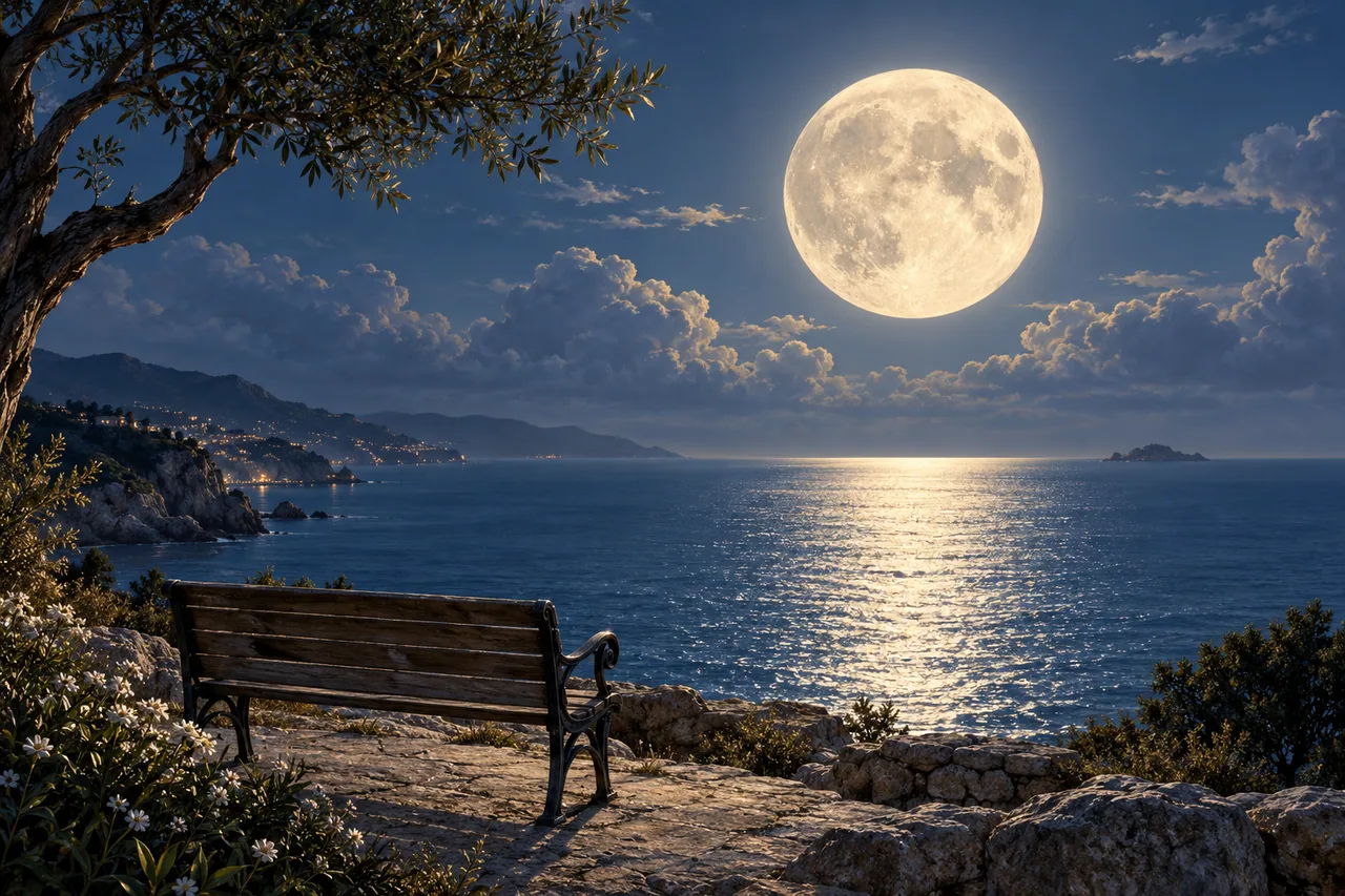 A luminous textured full Moon above a tranquil silver-blue sea with an empty coastal bench in the foreground.