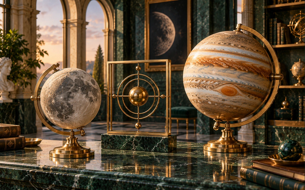 Moon and Jupiter models beside a square brass frame in an imagined gallery; conceptual kendra artwork, not a computed yoga or a promise of achievement.