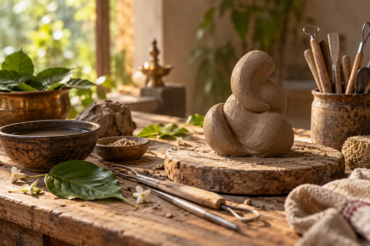 A carefully arranged clay-work artisan table with sculpting tools.