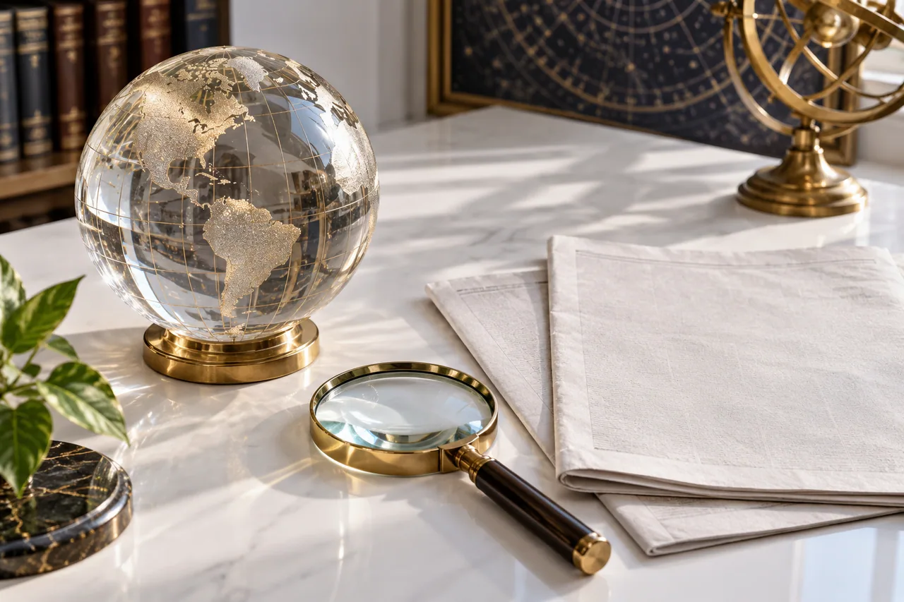 A glass globe next to two blank newsprint sheets and a magnifying lens on a bright white desk.