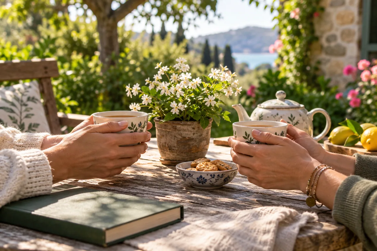 Two friends represented only by their hands sharing tea at a sunlit garden table with a small flowering plant.