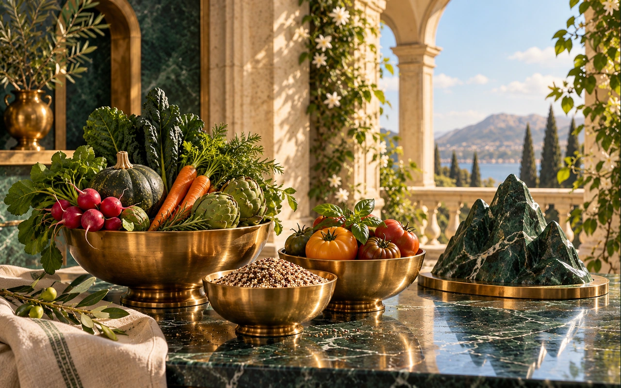 Three brass bowls of vegetables and grains beside an abstract green-stone hill in an imagined courtyard; conceptual Annakut artwork, not a real temple offering.