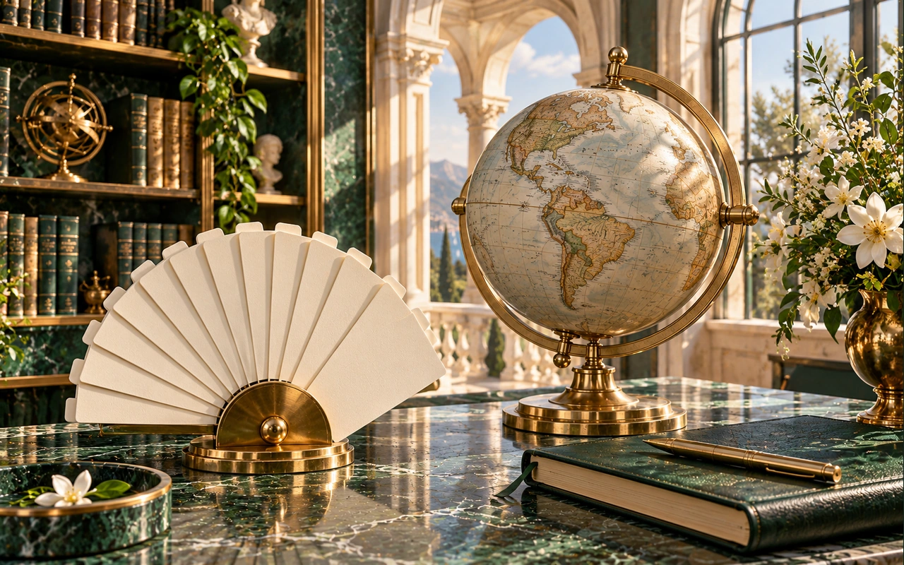 Blank ivory index dividers beside a globe and emerald journal in a bright imagined library; conceptual calendar artwork with no printed or invented date table.