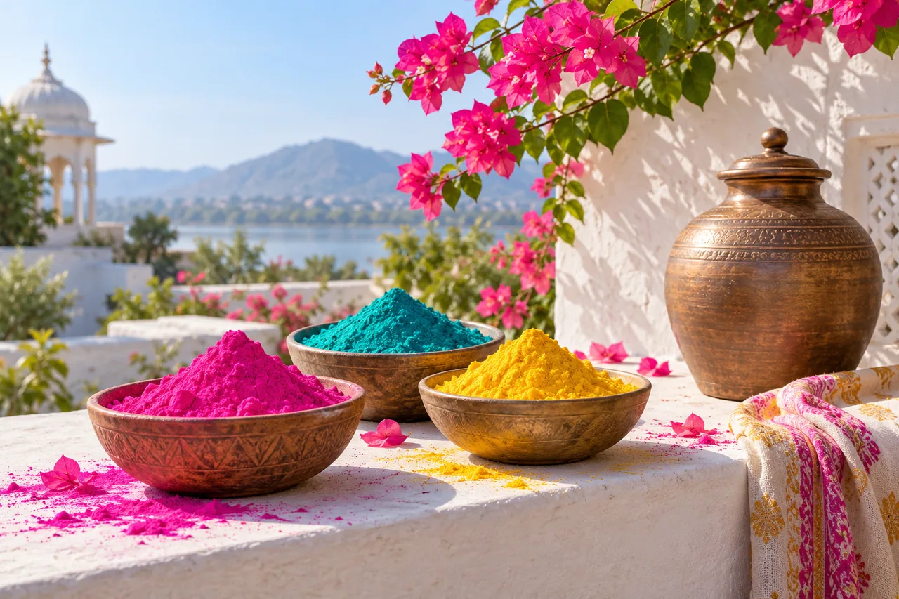 Three bowls of vivid pink turquoise and yellow colour powder on a white courtyard ledge with an unopened water jug and a flowering branch.
