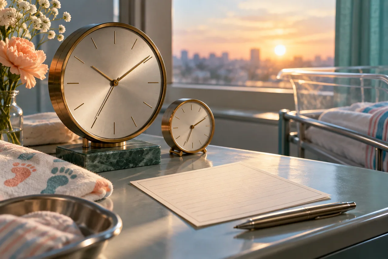 Original editorial illustration for The hospital clock and your birth record: provenance matters; symbolic artwork, not a measured personal chart.