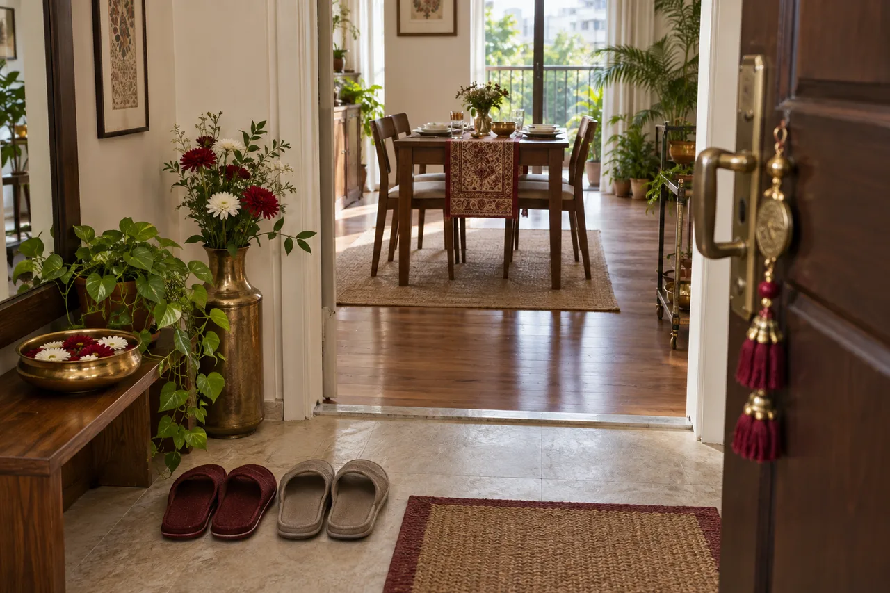 A welcoming home entrance with two guest slippers, a small flower arrangement and a neatly prepared table beyond the doorway.