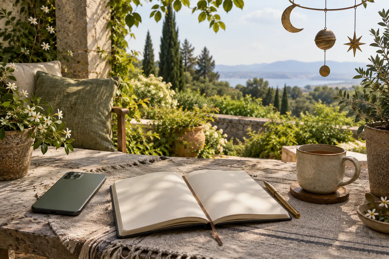 A face-down phone, journal and tea on a quiet garden terrace.