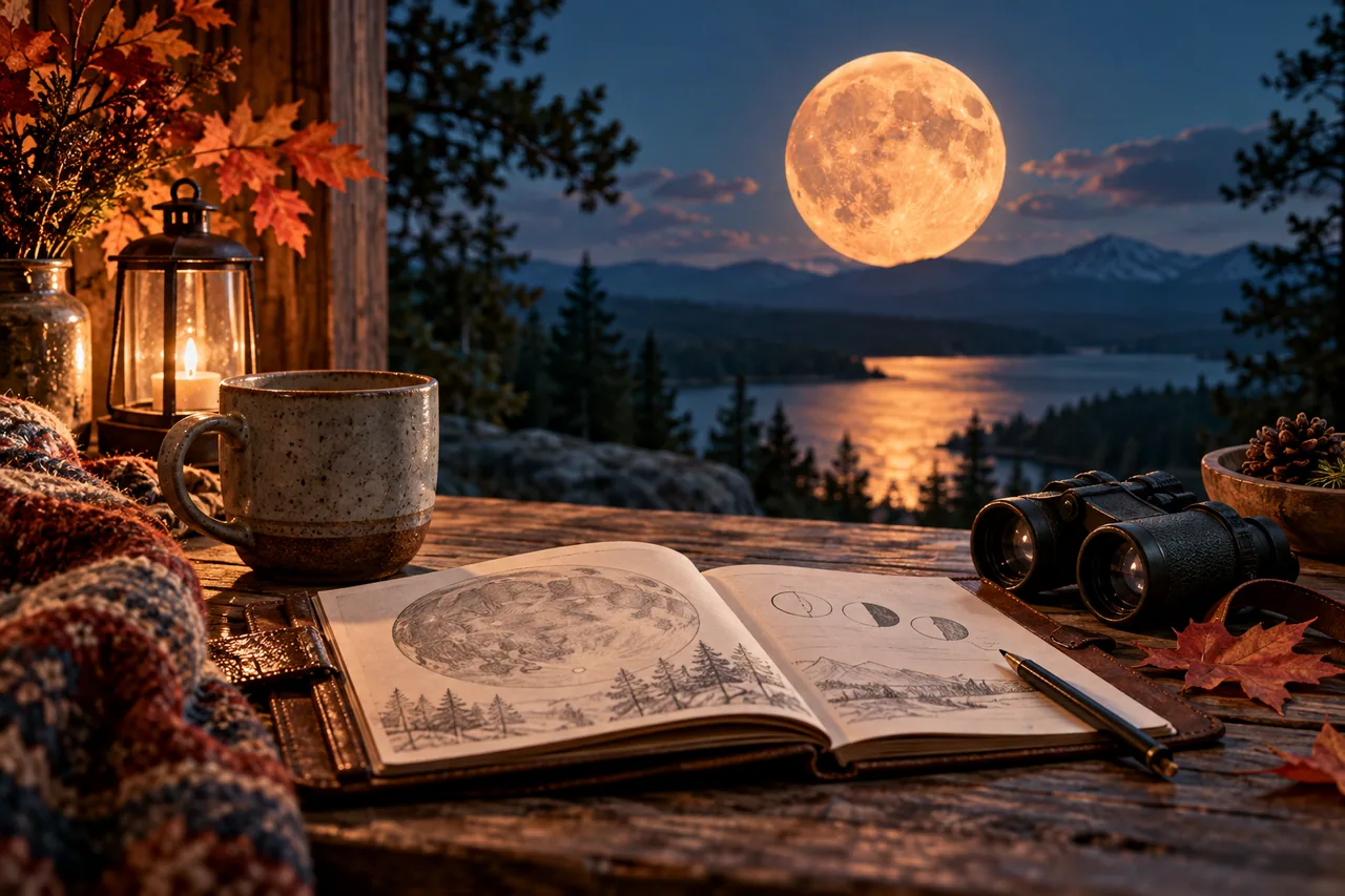 Original editorial illustration for Hunter's Moon: a name, a phase and three different questions; symbolic artwork, not a measured personal chart.