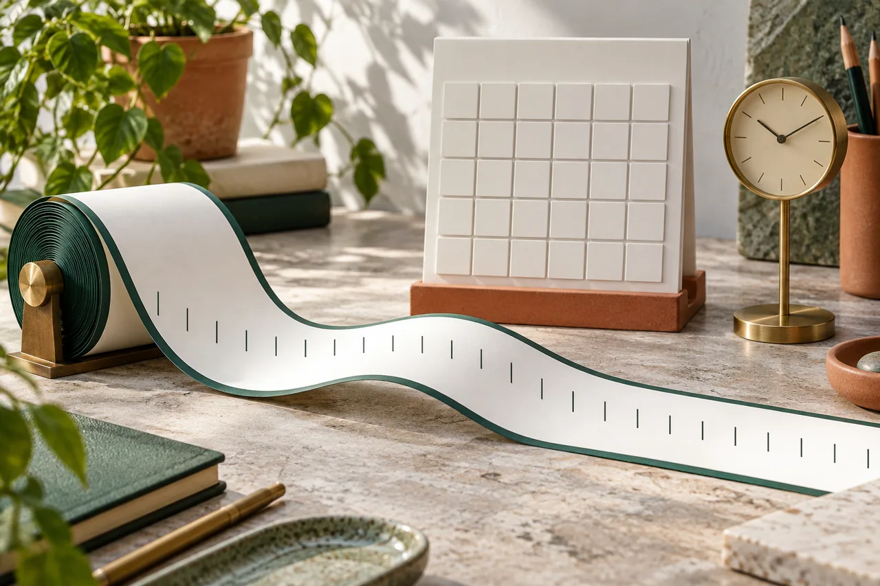 A conceptual continuous paper timeline beside an ordinary unnumbered calendar grid and a brass clock, showing two distinct ways of organising time.