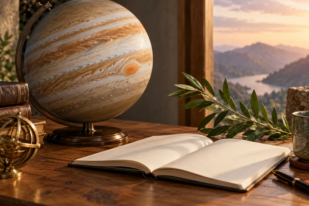 An artistic Jupiter globe with cream cloud bands and a small red oval beside an open blank book and green branch.