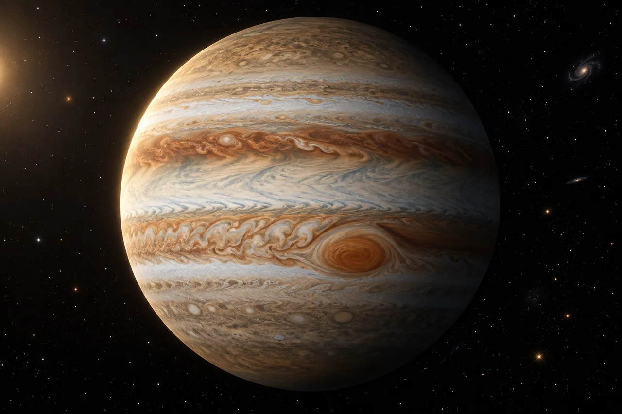 An illustrative Jupiter portrait with cloud bands and the Great Red Spot.