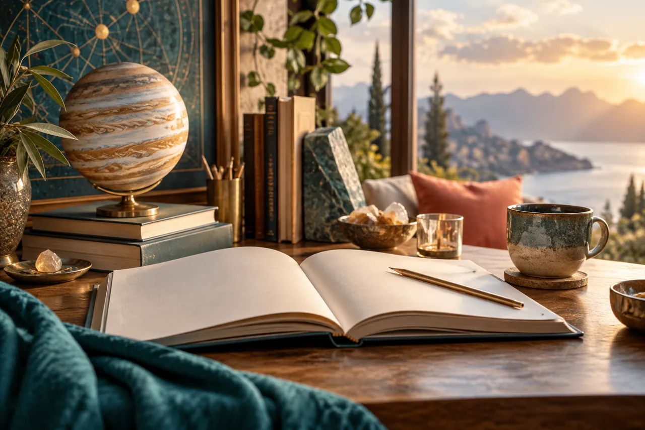 Original editorial illustration for Jupiter retrograde: a prompt to review what you are learning; symbolic artwork, not a measured personal chart.
