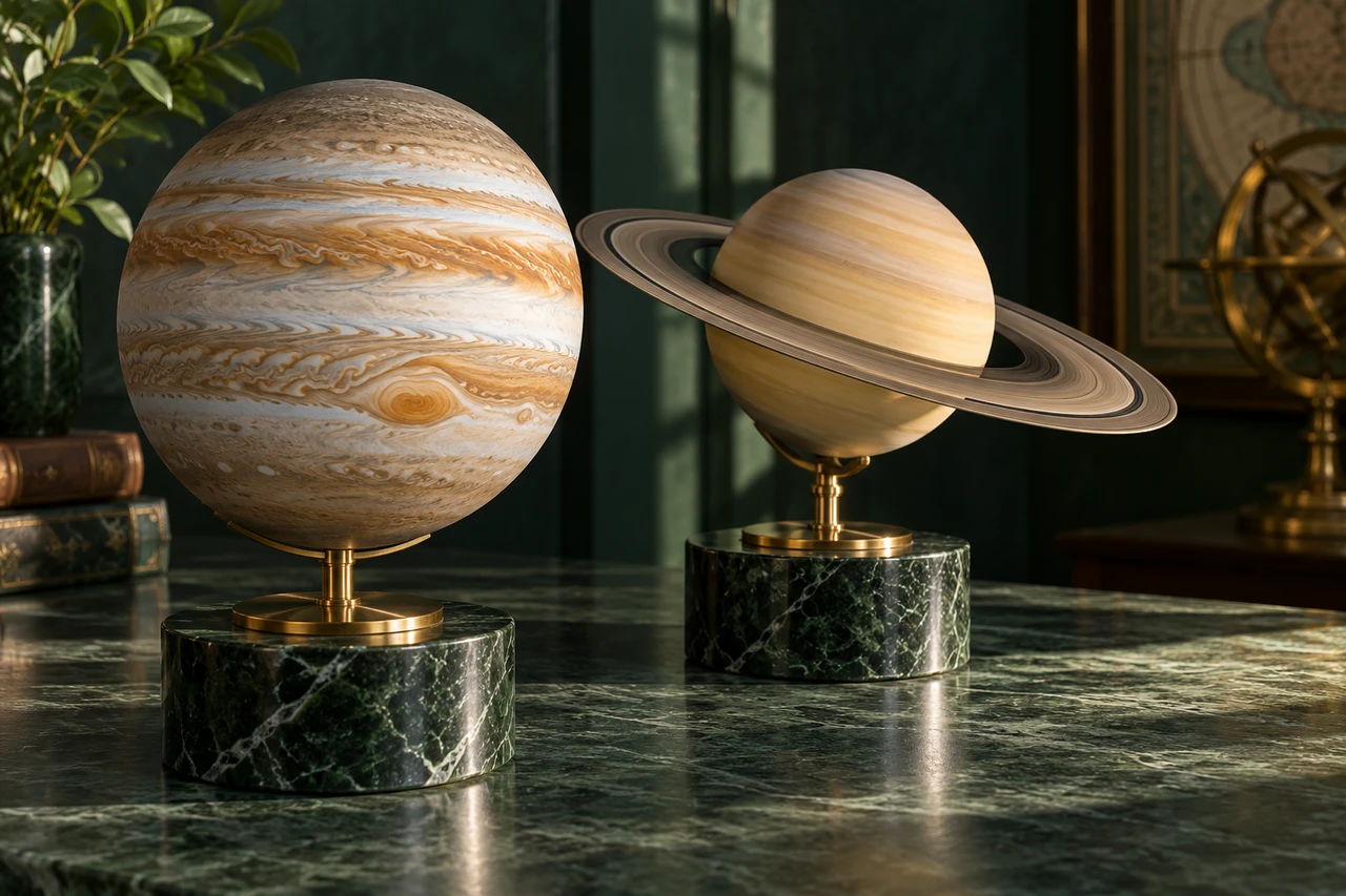 Illustrative models of Jupiter and Saturn on separate museum stands; not current planetary positions.