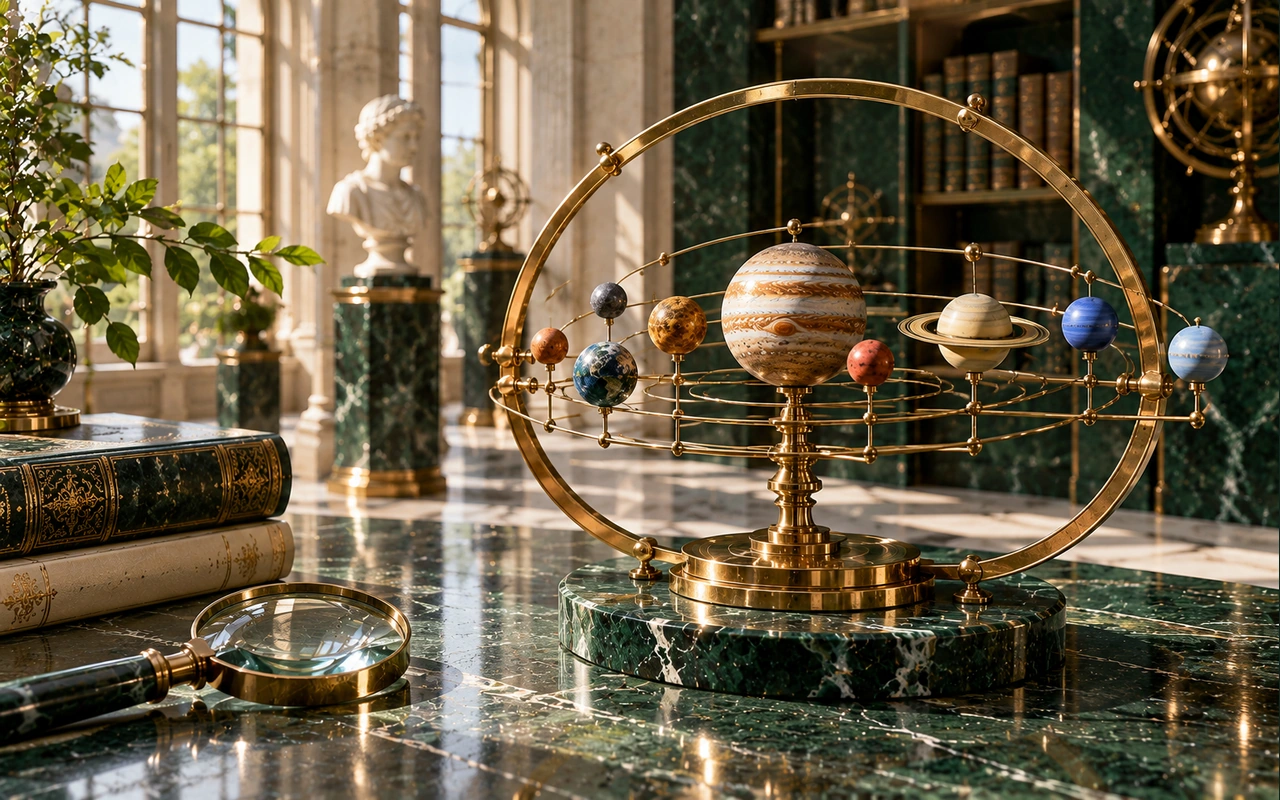 Decorative orbit models with opposing dark and pale markers in a museum-like room; conceptual nodal-axis art, not a computed Kaal Sarp diagnosis.