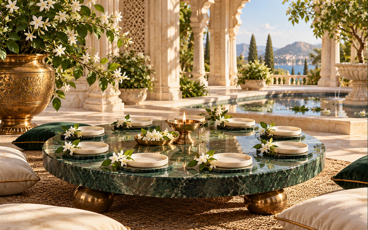 Empty ivory place settings beside a lamp and jasmine in a bright courtyard; conceptual hospitality artwork, not an actual ceremony.