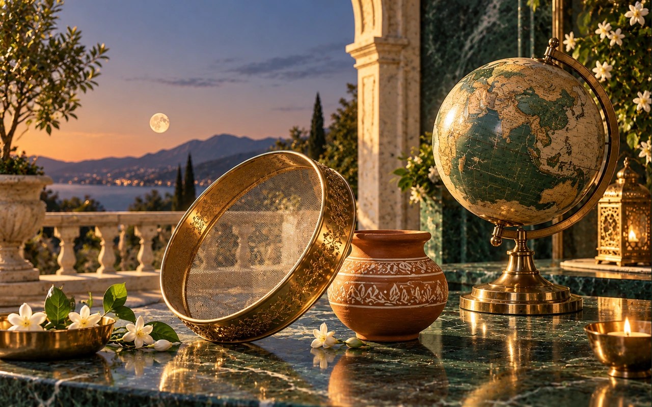 A brass sieve, clay karwa and globe on an imagined terrace with a small Moon; original conceptual art, not a photograph confirming 2026 Moon visibility.