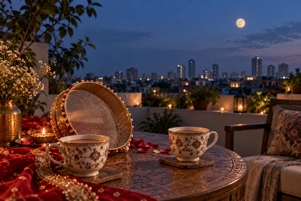 Two cups of tea on a rooftop terrace.