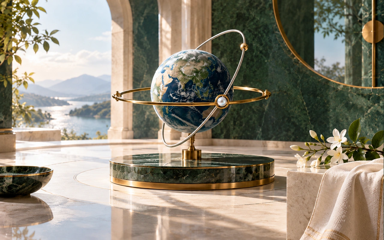 A pearl-accented orbital intersection in a luminous jade pavilion symbolises Ketu as a point rather than a planet.